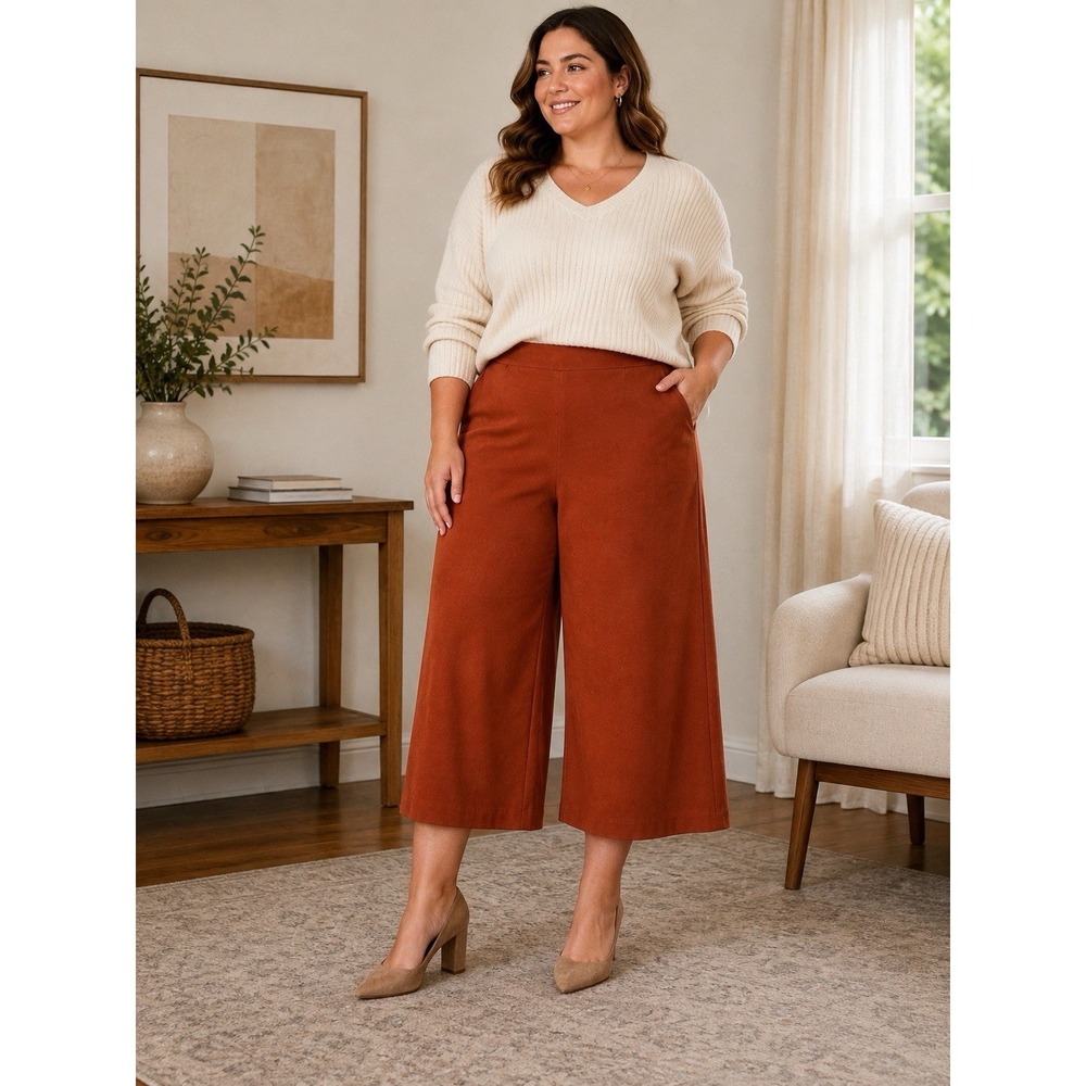 Ann Taylor Factory Faux Suede Wide Leg Cropped Pants (14) Culottes-Rust-Parisian